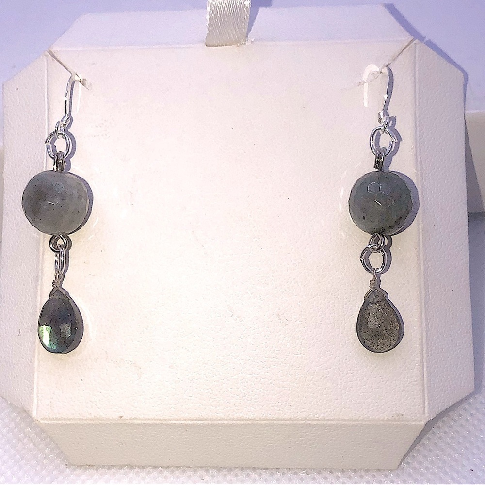STERLING & Labradorite Facet Cut & Briolette Drop Earrings 1.9”